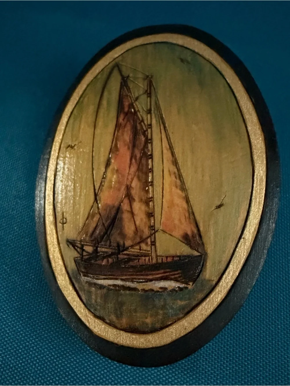 Hand-Painted Wooden Sailboat Brooch in Gold and Brown Tones